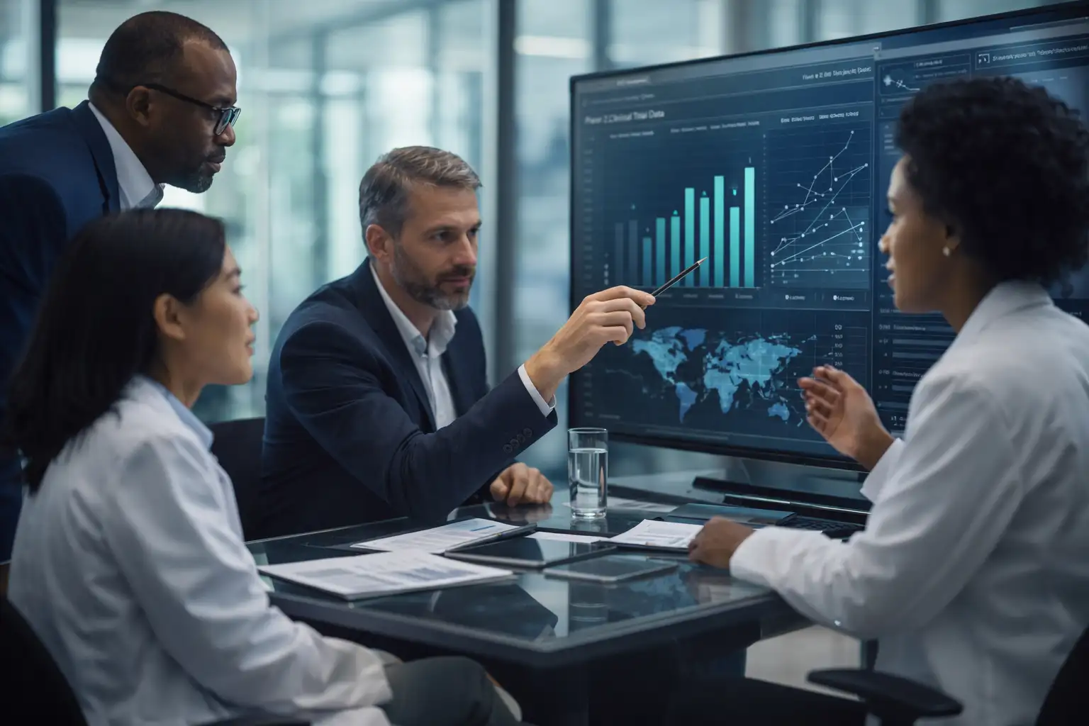 Biotech team analyzing clinical trial data and strategy in modern office
