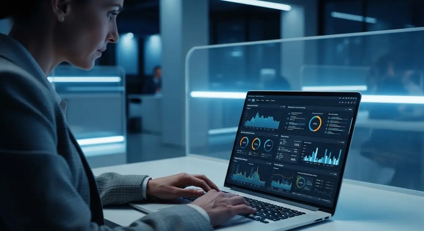Biotech decision-maker analyzing clinical trial data and patient recruitment metrics on a digital dashboard