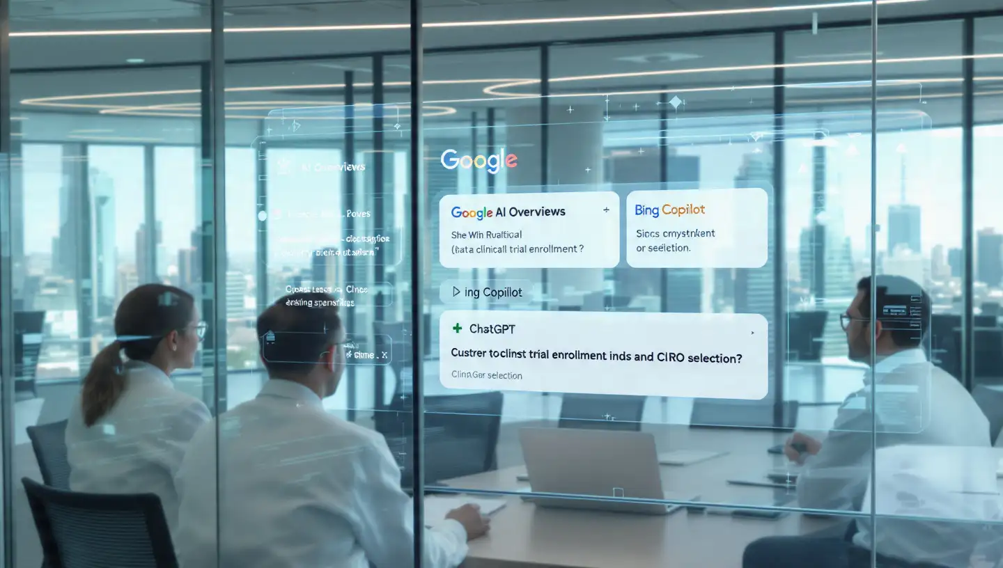 Clinical research team analyzing AI search results for clinical trials on a large screen showing Google AI Overviews, Bing Copilot, and ChatGPT interfaces