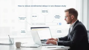 Researcher's desk with enrollment benchmark charts, protocol deviation data, and audit-readiness checklist instead of generic marketing brochures