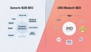 Comparison diagram showing why keyword research for CRO and biotech companies requires scientific precision and regulatory terminology instead of generic B2B SEO