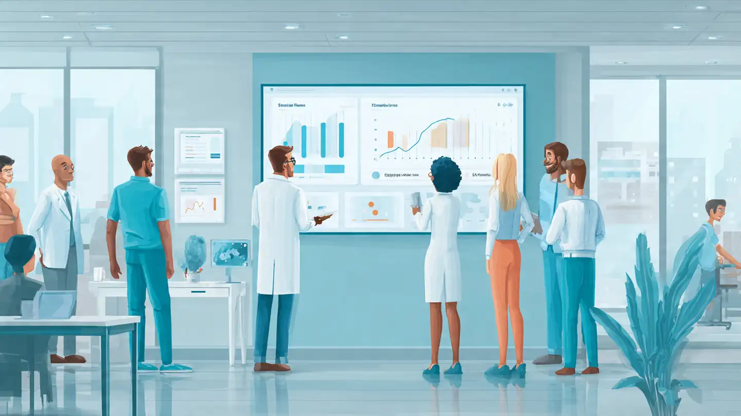 Biotech marketing team reviewing a keyword research strategy dashboard with clinical trial phases and regulatory search terms for CRO services