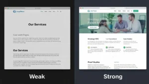 Before and after comparison of CRO website: thin generic service pages versus therapeutic area pages with commercial intent clusters and proof