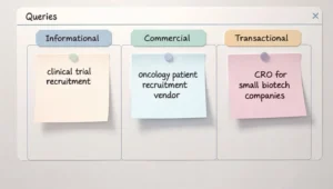 Keyword strategy board for CRO SEO grouping search terms into informational, commercial, and transactional intent buckets