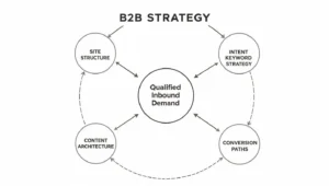 System diagram showing CRO SEO strategy aligning site structure, keyword strategy, content, and conversion paths around sponsor buyer intent