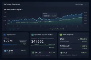 Pipeline-focused SEO measurement dashboard connecting organic search metrics to RFPs and qualified opportunities for CRO companies