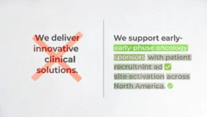 Concept visual showing generic CRO marketing copy losing to specific therapeutic and operational expertise in SEO and buyer trust