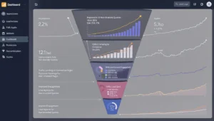 Funnel chart showing CRO SEO success progression from impressions on targeted queries to rankings, commercial page traffic, and lead actions