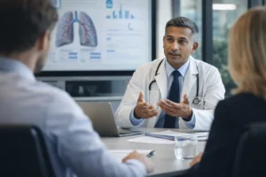 Healthcare expert explaining complex clinical topic to team