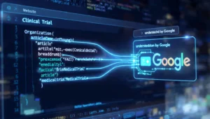 Code visualization of JSON-LD structured data with Organization, Article, and MedicalTrial markup on a clinical research website