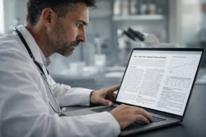 Medical researcher analyzing clinical data and scientific literature