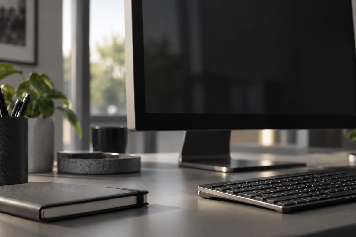 Illustrative analytical workstation with an unlit monitor and research desk.