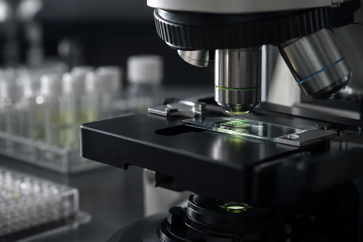 Close view of scientific imaging optics and assay equipment.