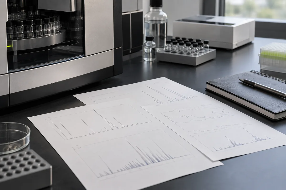 Illustrative analytical workspace with technical record sheets and equipment.