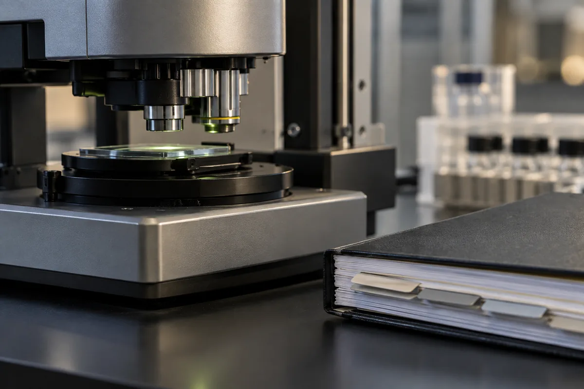 Scientific instrument alongside organized technical record materials.