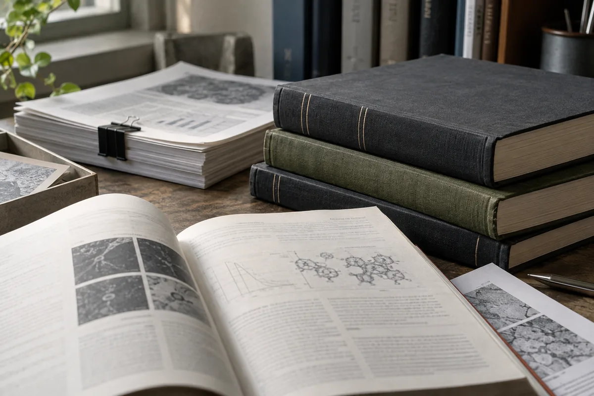 Scientific publications and record materials in an illustrative editorial setting.