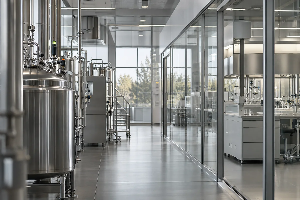Illustrative research environment with glass, analytical equipment and controlled work surfaces.