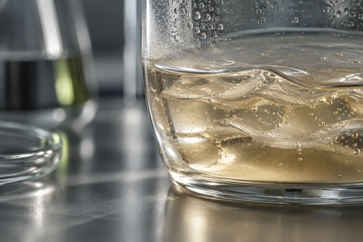 Illustrative close view of laboratory glass and biologics material.