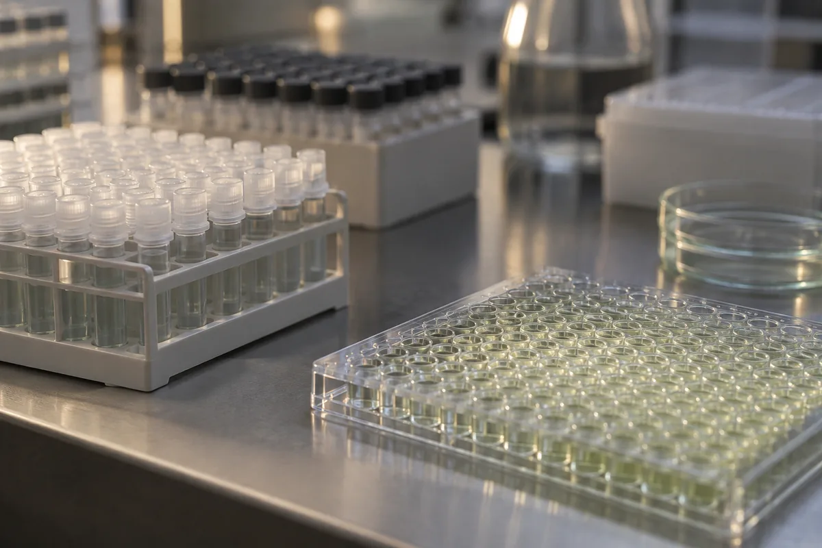 Laboratory sample racks and assay materials on a controlled work surface.