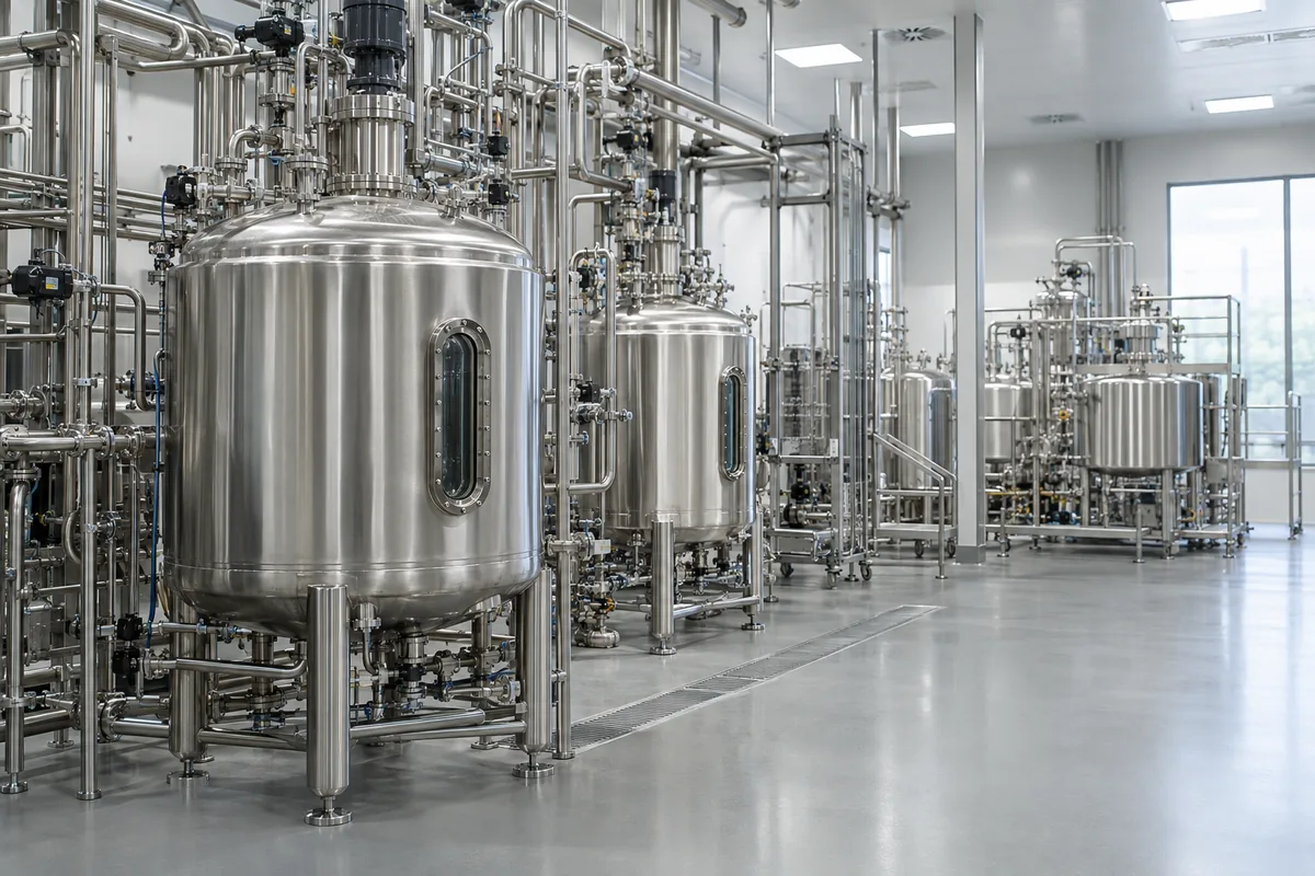 Illustrative biologics production setting with stainless vessels and piping.