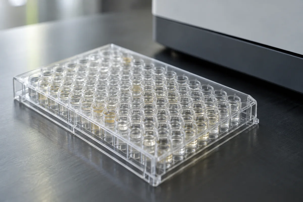 Close view of an assay plate and laboratory sample materials.