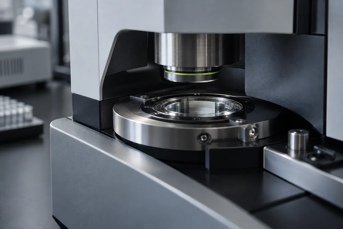 Close view of analytical instrument optics and laboratory hardware.